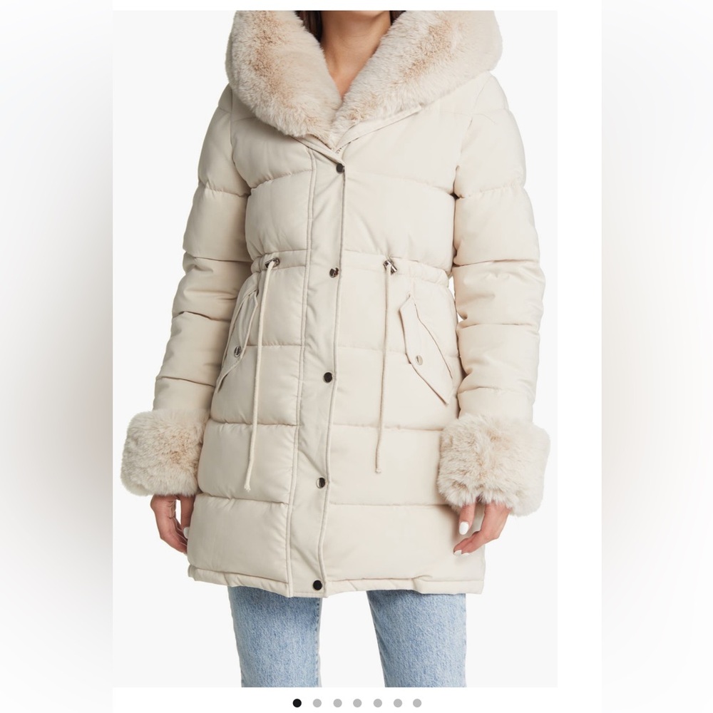 AZALEA WANG Faux Fur Trim Puffer Coat Jacket Cream Size Large